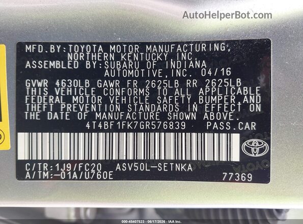 4T4BF1FK7GR576839 2016 TOYOTA CAMRY Silver ძრავის განყოფილების ხედი