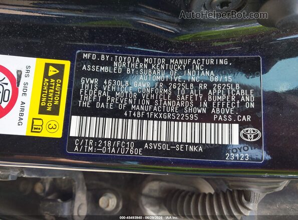 4T4BF1FKXGR522595 2016 TOYOTA CAMRY Black Vista del compartimento del motor