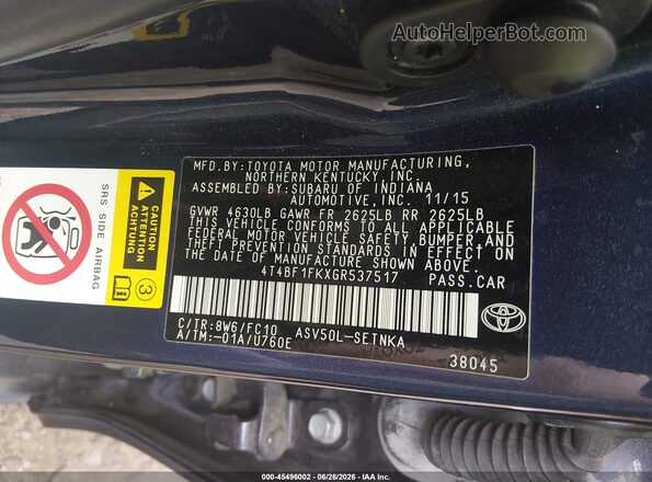 4T4BF1FKXGR537517 2016 TOYOTA CAMRY Blue Widok komory silnika