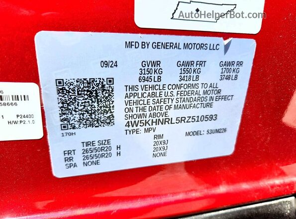 4W5KHNRL5RZ510593 2024 ACURA ZDX Red Vista de la etiqueta del VIN