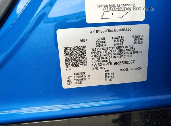 4W5XHPRL9RZ500537 2024 ACURA ZDX Blue Vista de la etiqueta del VIN
