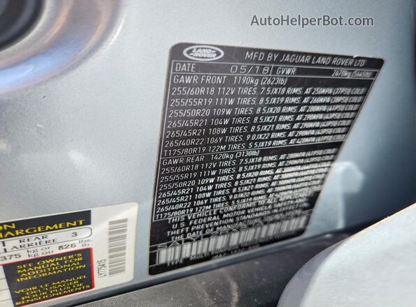 SALYL2RX8JA775415 2018 LAND ROVER RANGE ROVER Silver Вид наклейки з VIN-кодом