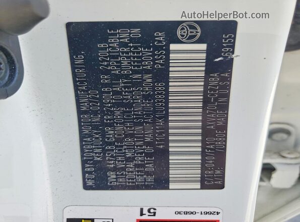 4T1C11AK1LU938386 2020 TOYOTA CAMRY White 
