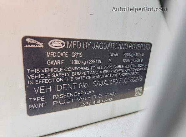 SAJAJ4FX7LCP60279 2020 JAGUAR XF White Widok naklejki z numerem VIN