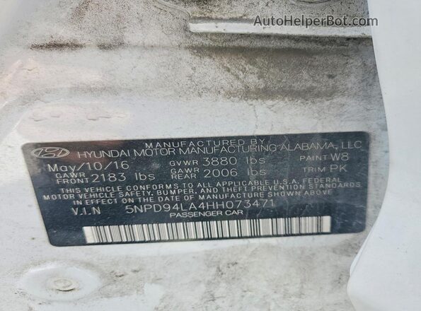 5NPD94LA4HH073471 2017 HYUNDAI ELANTRA White 