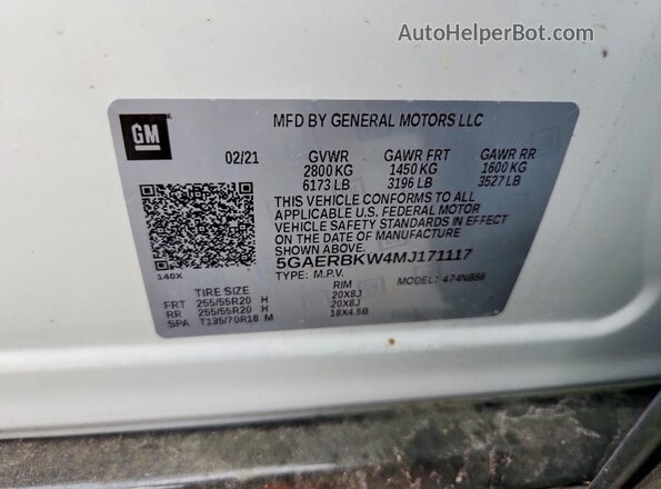 5GAERBKW4MJ171117 2021 BUICK ENCLAVE White 