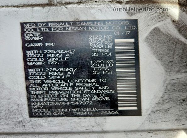 KNMAT2MVXHP547972 2017 NISSAN ROGUE White 
