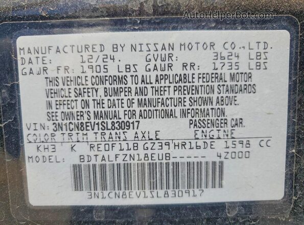 3N1CN8EV1SL830917 2025 NISSAN VERSA Черный Вид наклейки с VIN-кодом