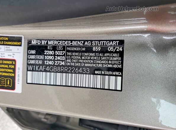 W1KAF4GB8RR226433 2024 MERCEDES-BENZ C Gray VIN კოდის სტიკერის ხედი