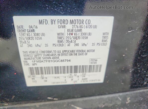 1FM5K7F81GGC85794 2016 FORD EXPLORER Black Widok naklejki z numerem VIN