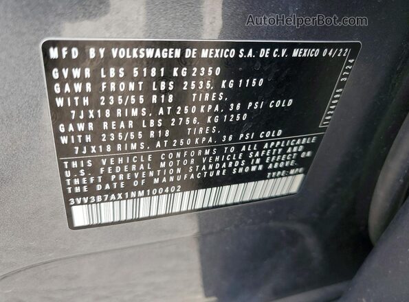 3VV3B7AX1NM100402 2022 VOLKSWAGEN TIGUAN Gray Սալոնի 360 աստիճան տեսք