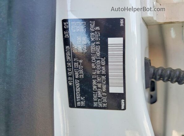 YV1612TK9G2406707 2016 VOLVO S60 White VIN კოდის სტიკერის ხედი