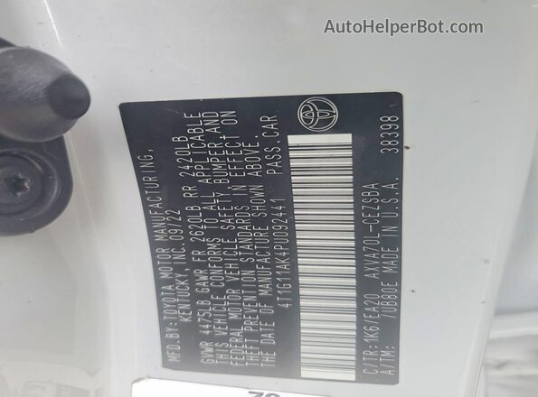 4T1G11AK4PU092441 2023 TOYOTA CAMRY White Vista de la etiqueta del VIN