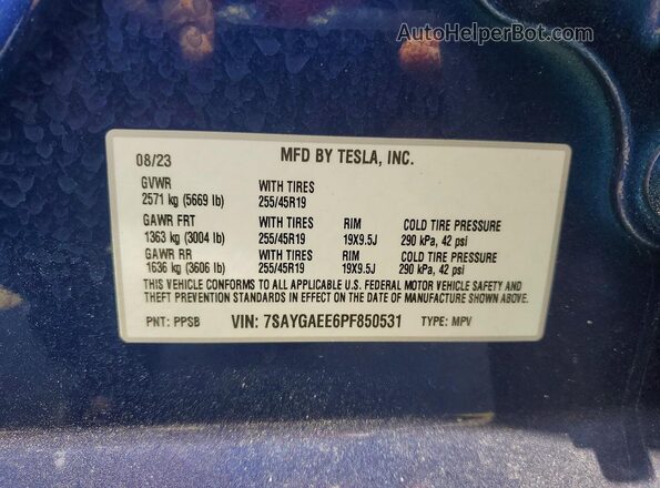 7SAYGAEE6PF850531 2023 TESLA MODEL Blue სალონის 360-გრადუსიანი ხედი