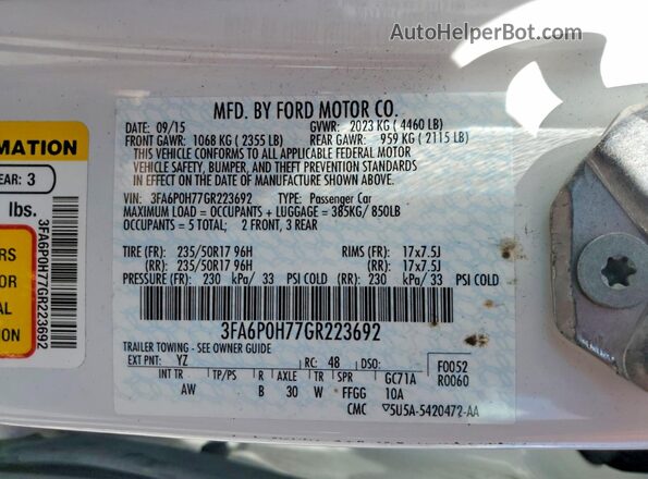 3FA6P0H77GR223692 2016 FORD FUSION White 