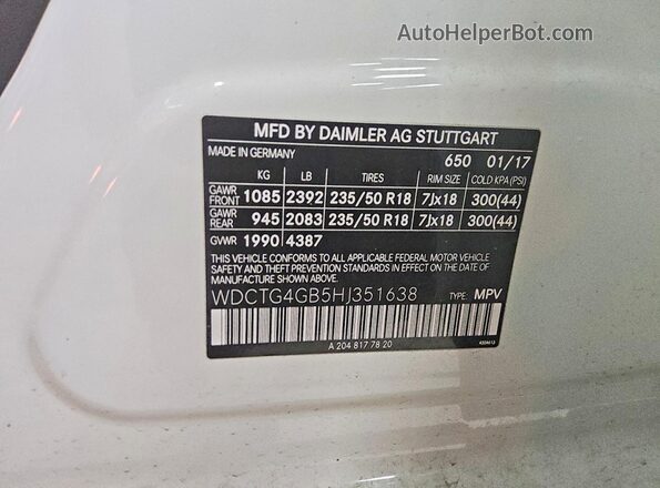 WDCTG4GB5HJ351638 2017 MERCEDES-BENZ GLA White სალონის 360-გრადუსიანი ხედი