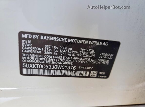 5UXKT0C53J0W01376 2018 BMW X5 White VIN sticker view