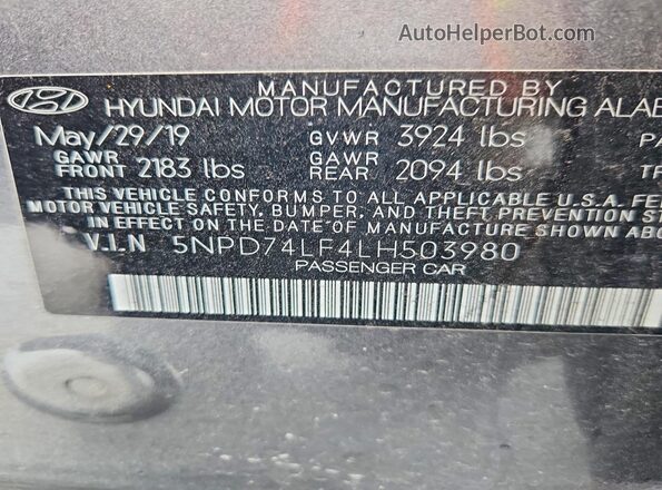 5NPD74LF4LH503980 2020 HYUNDAI ELANTRA Gray VIN sticker view