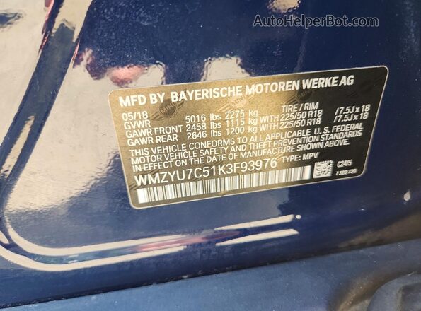 WMZYU7C51K3F93976 2019 MINI COOPER Blue Vista del compartimento del motor