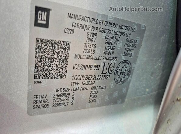1GCPYBEK2LZ272921 2020 CHEVROLET SILVERADO Серебряный 