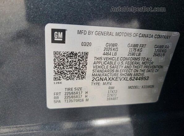 2GNAXKEVXL6244953 2020 CHEVROLET EQUINOX Gray 