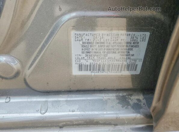 3N1AB7AP4KY211832 2019 NISSAN SENTRA Gray VIN კოდის სტიკერის ხედი
