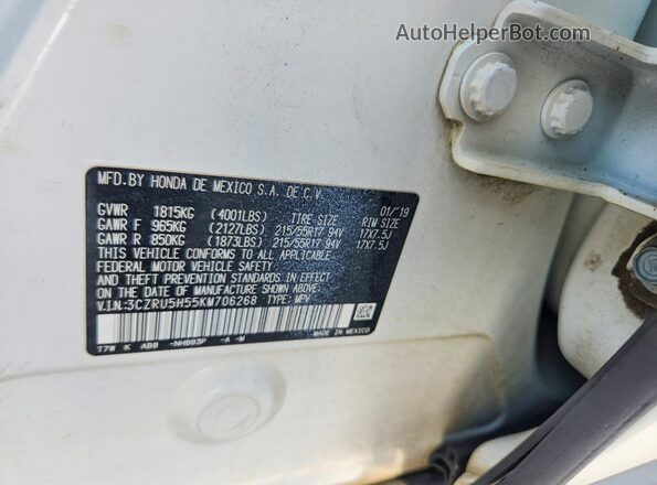 3CZRU5H55KM706268 2019 HONDA HR-V White 