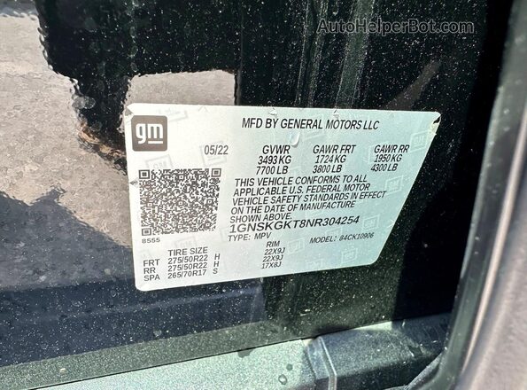 1GNSKGKT8NR304254 2022 CHEVROLET SUBURBAN Black 