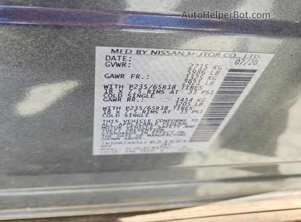 5N1DR2AN5LC623593 2020 NISSAN PATHFINDER Silver VIN კოდის სტიკერის ხედი