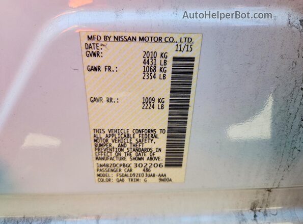 1N4BZ0CP8GC302206 2016 NISSAN LEAF White Вид наклейки з VIN-кодом