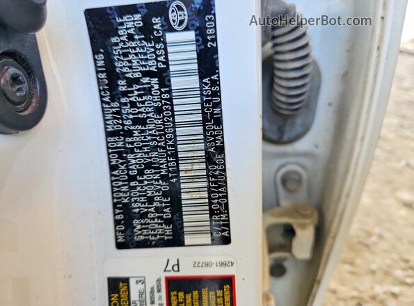4T1BF1FK9GU203781 2016 TOYOTA CAMRY White Widok naklejki z numerem VIN