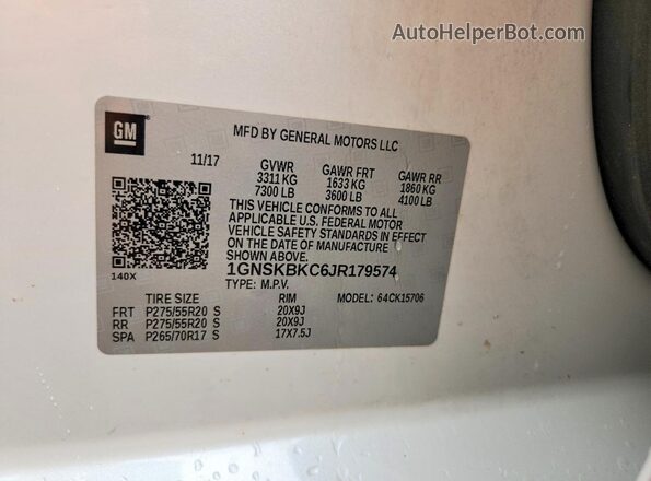 1GNSKBKC6JR179574 2018 CHEVROLET TAHOE White 
