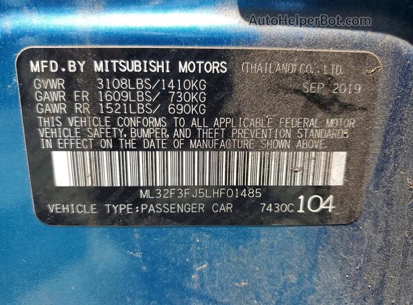 ML32F3FJ5LHF01485 2020 MITSUBISHI MIRAGE Синий Вид наклейки с VIN-кодом