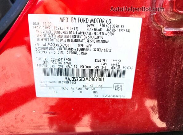 MAJ3S2GEXMC409301 2021 FORD ECOSPORT Red Вид наклейки з VIN-кодом