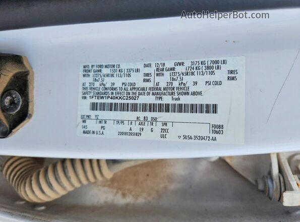 1FTEW1P40KKC25027 2019 FORD F150 White 
