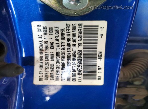 19XFC2F54GE046951 2016 HONDA CIVIC Blue VIN կոդի պիտակի տեսք