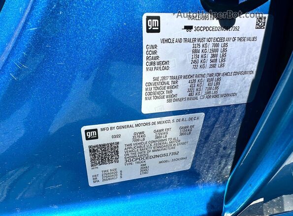 3GCPDCED2NG517352 2022 CHEVROLET SILVERADO Blue უკანა სალონის ხედი