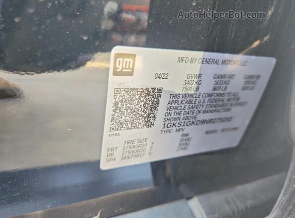 1GKS1GKD9NR275050 2022 GMC YUKON Черный Панорамный вид салона 360°