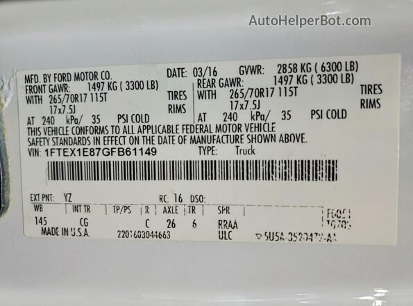 1FTEX1E87GFB61149 2016 FORD F150 White Vista de la etiqueta del VIN