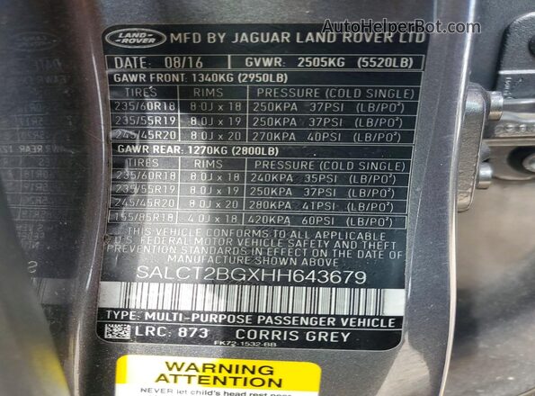 SALCT2BGXHH643679 2017 LAND ROVER DISCOVERY Gray VIN sticker view
