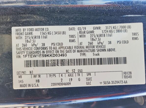 1FTEW1E59KKD03493 2019 FORD F150 Blue 