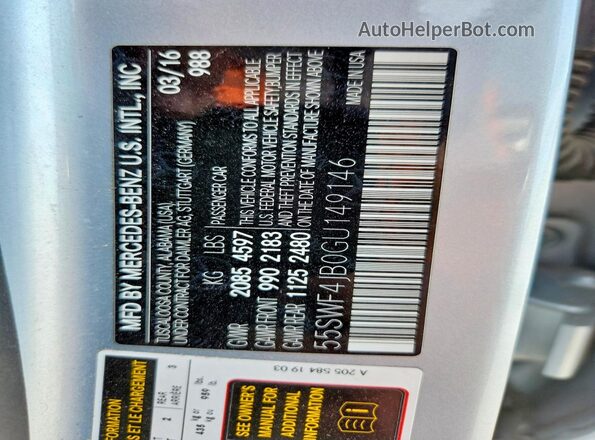 55SWF4JB0GU149146 2016 MERCEDES-BENZ C Silver Widok naklejki z numerem VIN