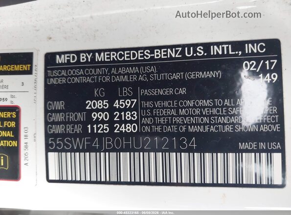 55SWF4JB0HU212134 2017 MERCEDES-BENZ C-CLASS White Engine compartment view