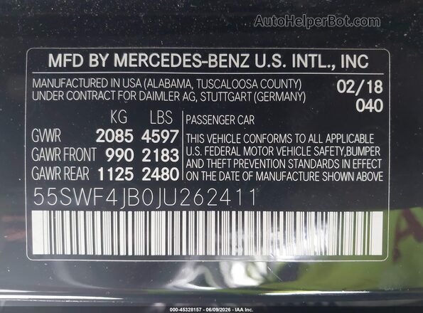 55SWF4JB0JU262411 2018 MERCEDES-BENZ C-CLASS Black Vista del compartimento del motor