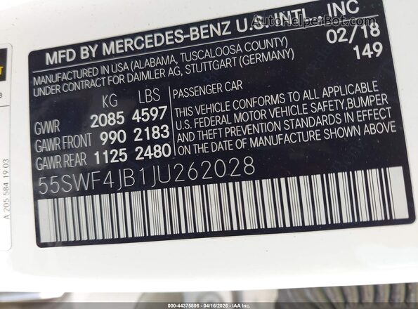 55SWF4JB1JU262028 2018 MERCEDES-BENZ C-CLASS White Widok komory silnika