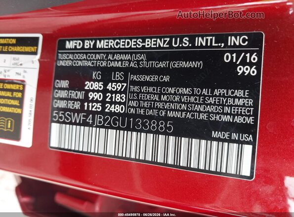 55SWF4JB2GU133885 2016 MERCEDES-BENZ C-CLASS Красный Вид подкапотного пространства