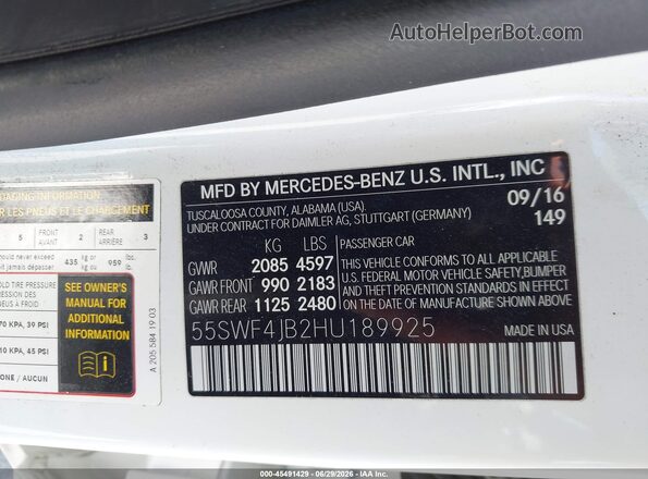 55SWF4JB2HU189925 2017 MERCEDES-BENZ C-CLASS White ძრავის განყოფილების ხედი