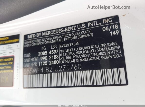 55SWF4JB2JU275760 2018 MERCEDES-BENZ C-CLASS Белый Вид подкапотного пространства