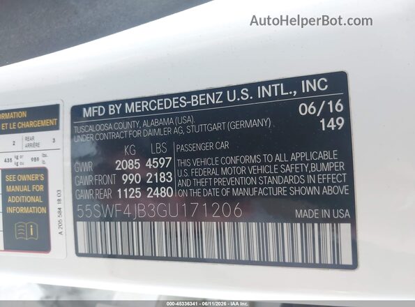55SWF4JB3GU171206 2016 MERCEDES-BENZ C-CLASS White Շարժիչի բաժամունքի տեսք