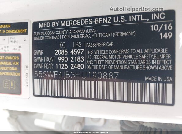 55SWF4JB3HU190887 2017 MERCEDES-BENZ C-CLASS White Engine compartment view